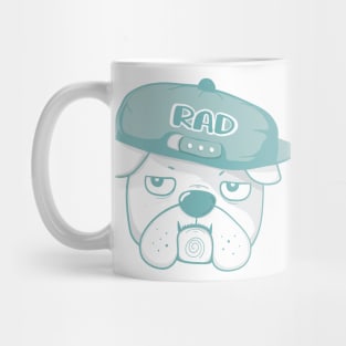 Funny Grumpy face bulldog wears RAD baseball cap, cute doodle cartoon Mug